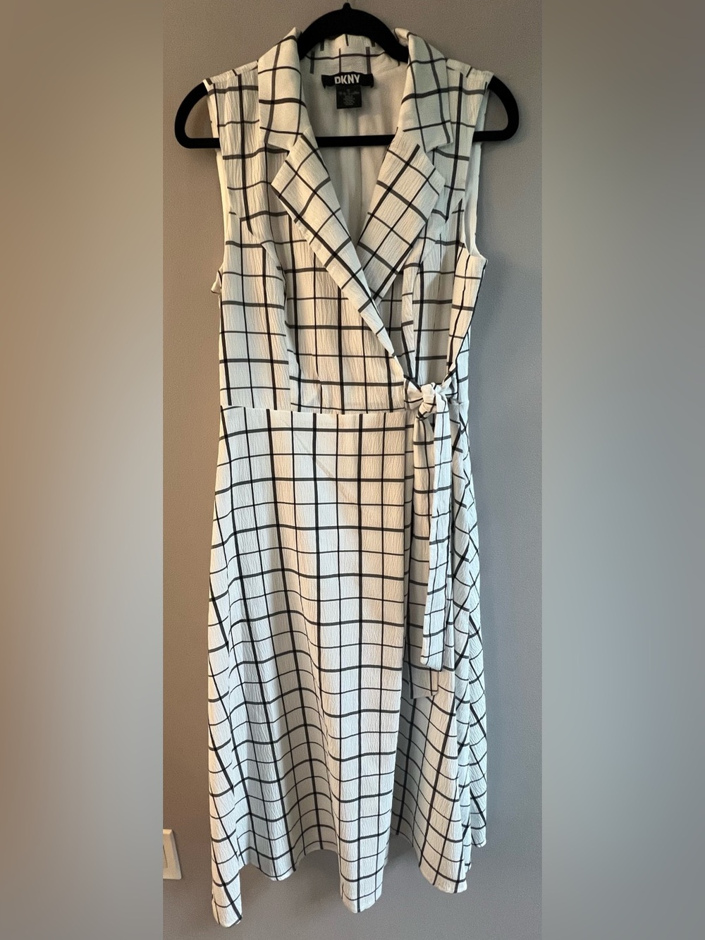 DKNY White Maxi Wrap Dress with Black Windowpane